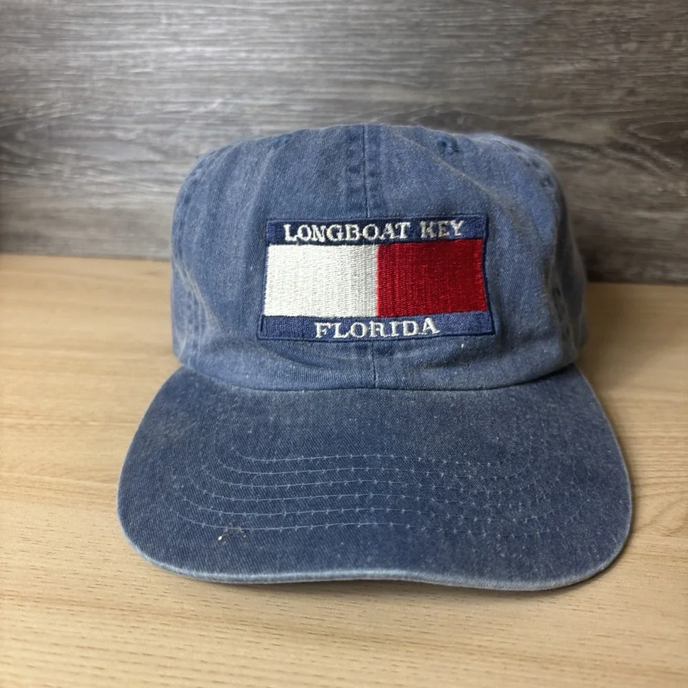 Longboat Key Florida Hat Cap Strap Back Blue Red White Embroidered Patch Mens